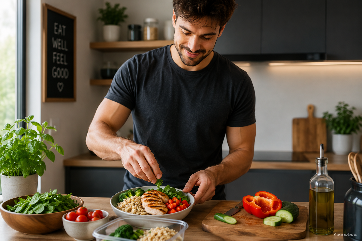 A person preparing a healthy home-cooked meal in their kitchen