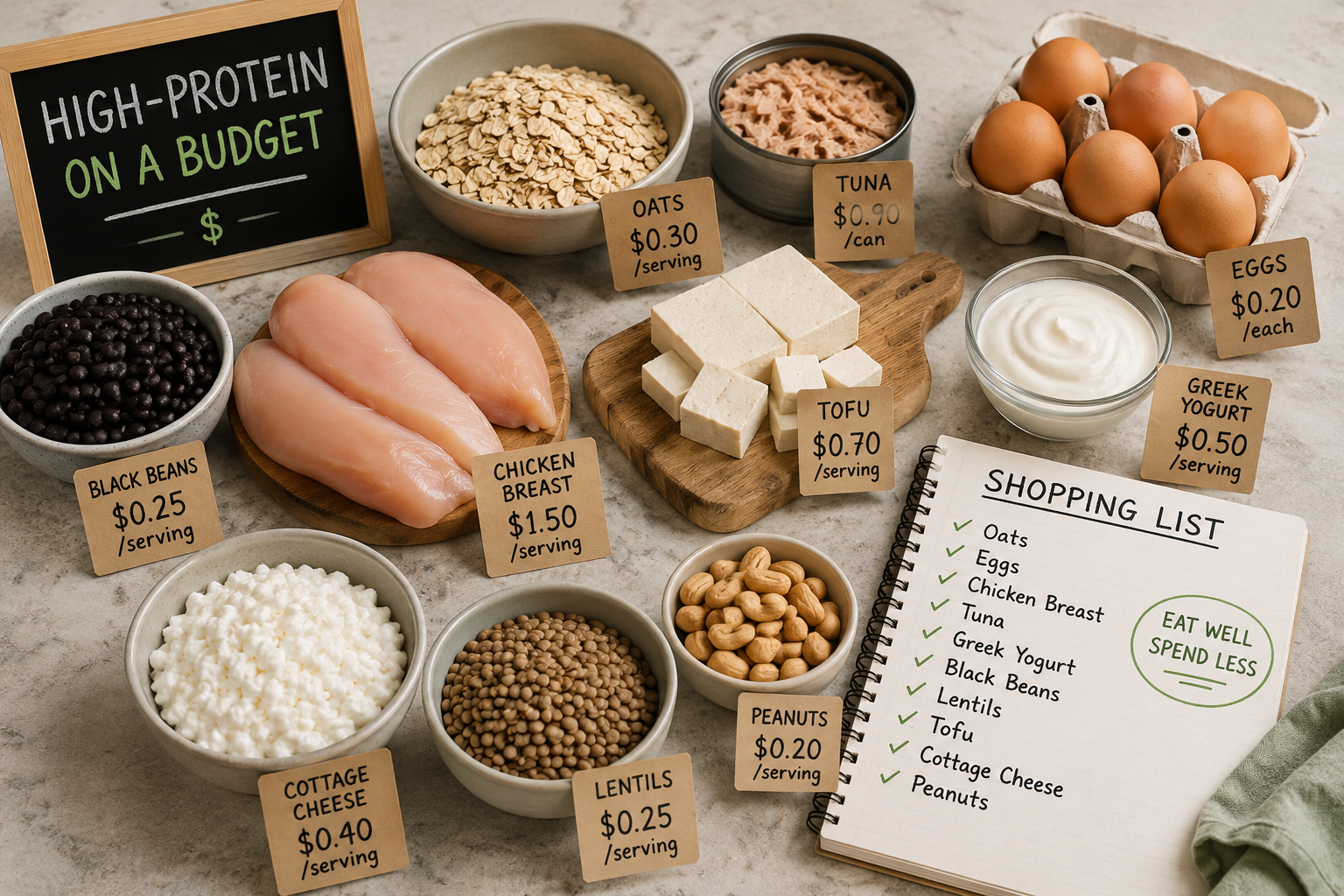 Assorted high-protein foods on a budget-friendly shopping list