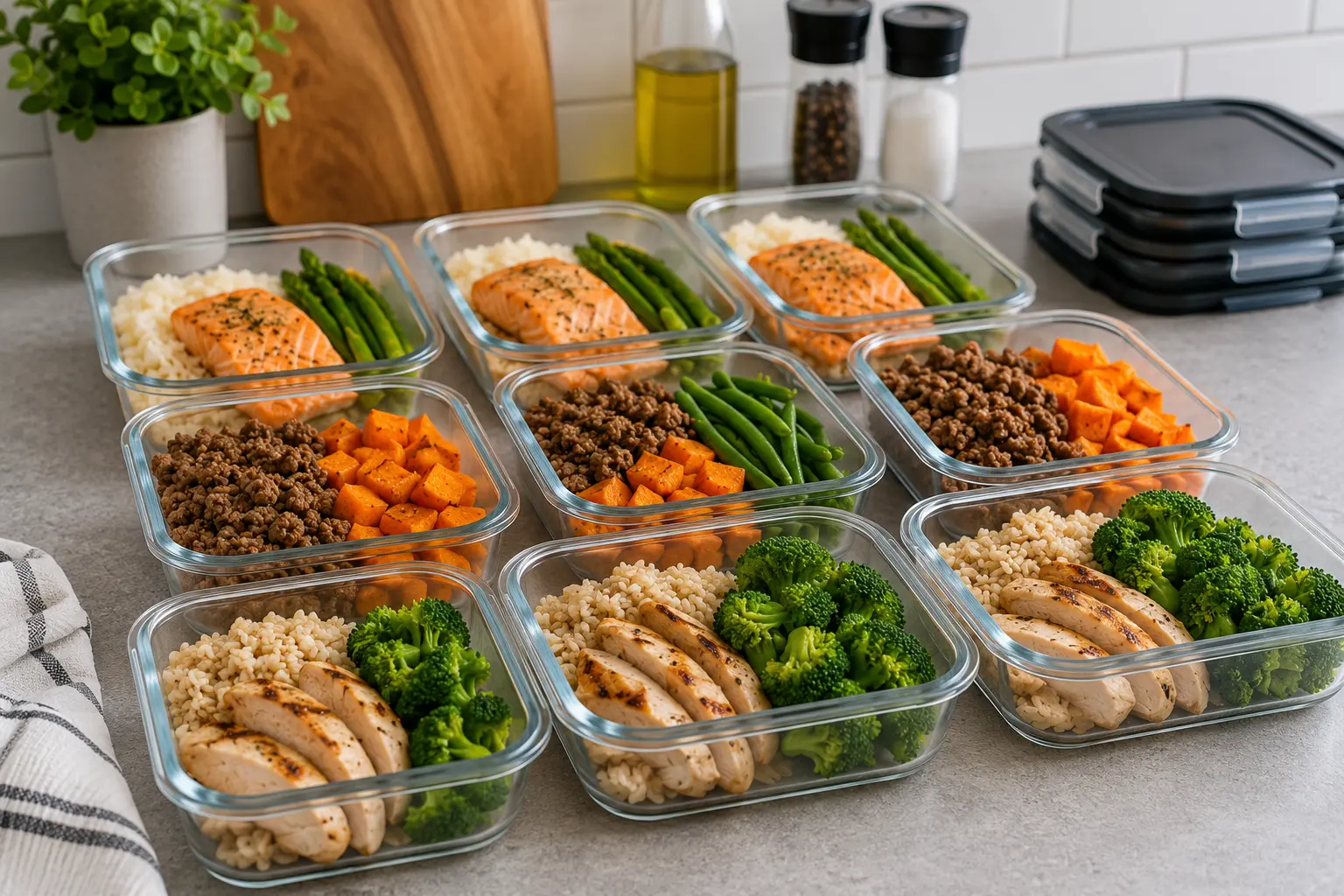 Overhead view of a Sunday meal prep setup with containers filled with chicken, rice, roasted vegetables, and yogurt bowls on a kitchen counter