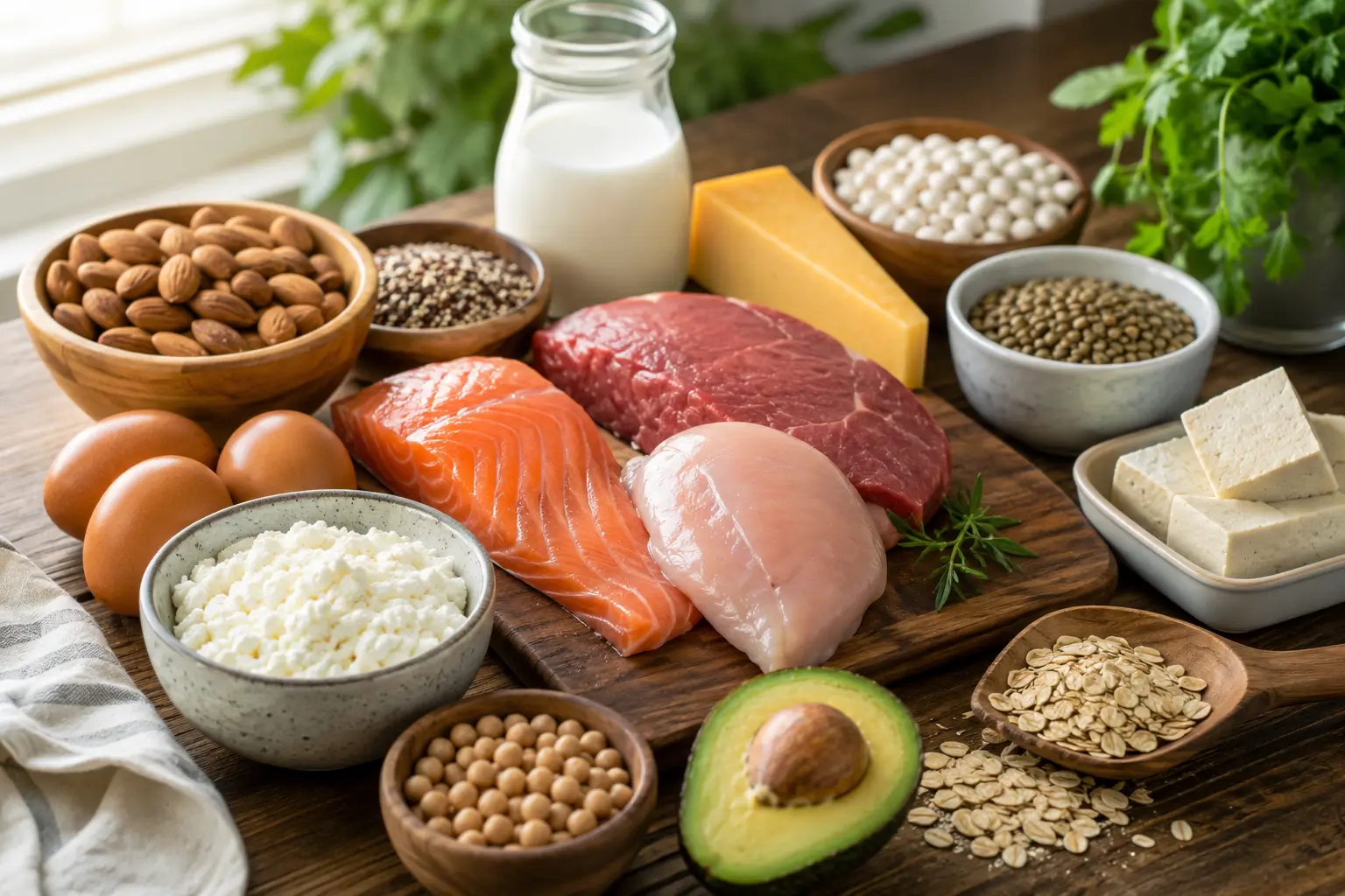 Assorted high-protein foods including chicken, eggs, tofu, beans, yogurt, and nuts arranged on a kitchen countertop