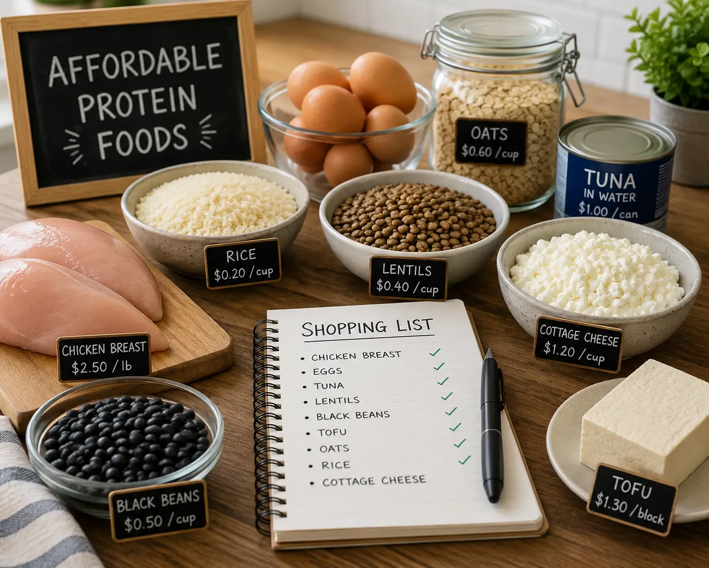 Selection of cheap high protein foods like eggs, beans, yogurt, tuna, and chicken arranged on a kitchen counter with price tags.