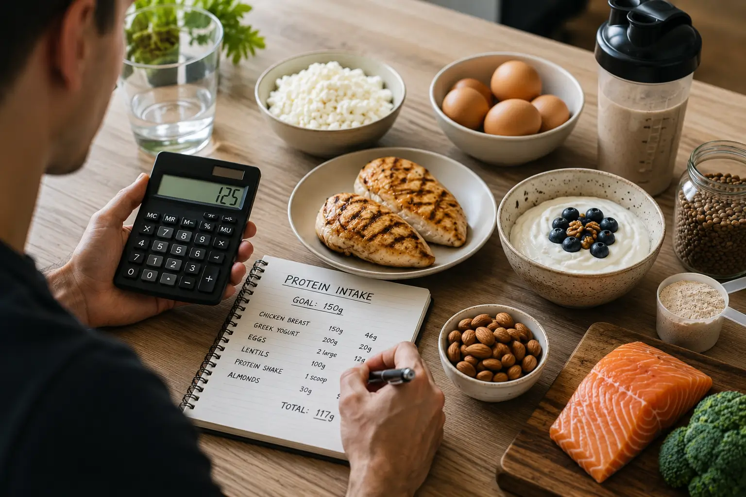 Beginner calculating daily protein intake with a notebook, protein-rich foods, and a kitchen scale on the table.